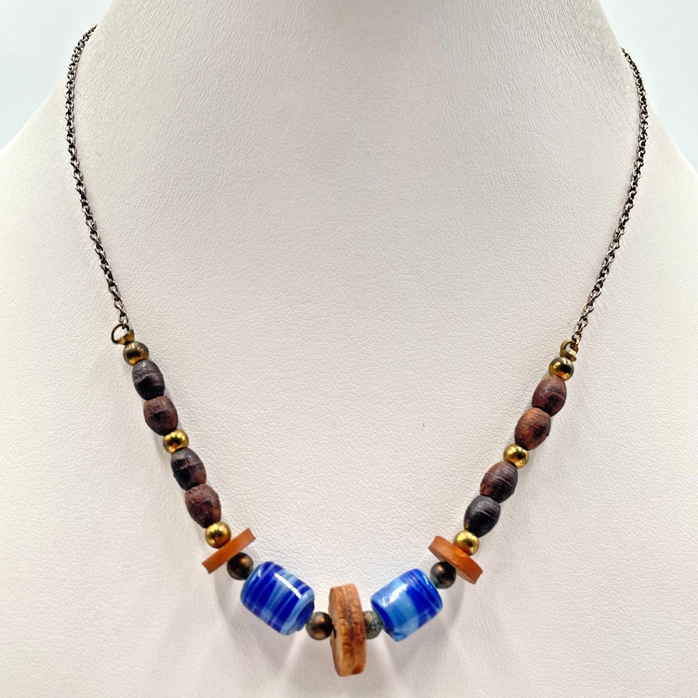 Vintage Boho Earthy Blue Art Glass & Natural Wood Bead Link Chain Necklace